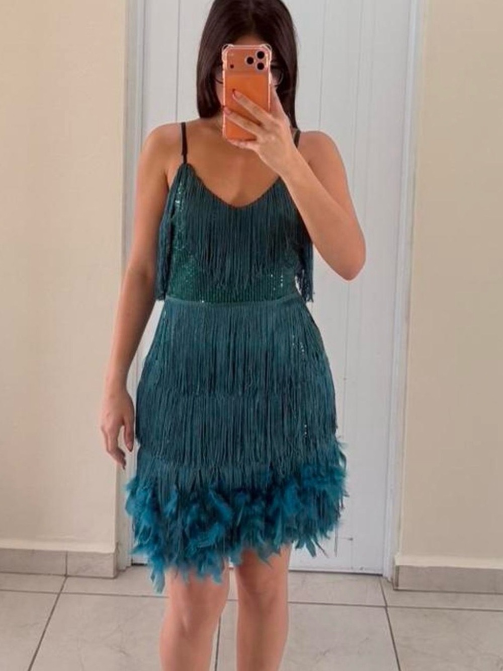 Fashion Nova Teal Fringe & Feather Mini Dress